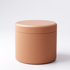 May include: A cylindrical storage container with a lid. The container is a solid peach color with vertical ribbed detailing. The lid is flat and round, matching the container's color. The container is likely made of ceramic or a similar material.
