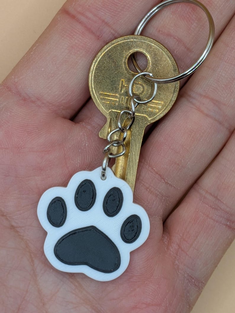 May include: A white and black paw print keychain with a gold key and silver key ring. The paw print design has a black paw pad and black toe beans. The keychain is held in a hand.
