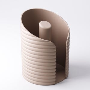 May include: A beige, modern toilet paper holder. The holder has a cylindrical shape with a ridged exterior and a central, vertical post. The design is minimalist and functional, suitable for a contemporary bathroom.