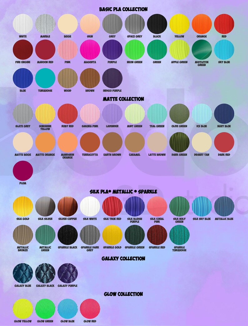 May include: A color chart showcasing various shades of PLA filament. The chart is divided into collections: Basic, Matte, Silk PLA Metallic Sparkle, Galaxy, and Glow. Each color is displayed in a circular swatch with its name below.