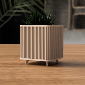 May include: A beige rectangular planter with vertical lines and short, white legs. The planter holds a green plant with long, pointed leaves. The planter is on a wooden surface.
