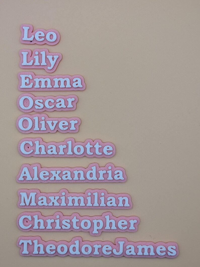 Może przedstawiać: R&oacute;żowe i białe wycięcia z imionami, w tym "Leo", "Lily", "Emma", "Oscar", "Oliver", "Charlotte", "Alexandria", "Maximilian", "Christopher" i "TheodoreJames". Nazwy są w białej czcionce z r&oacute;żową obw&oacute;dką.
