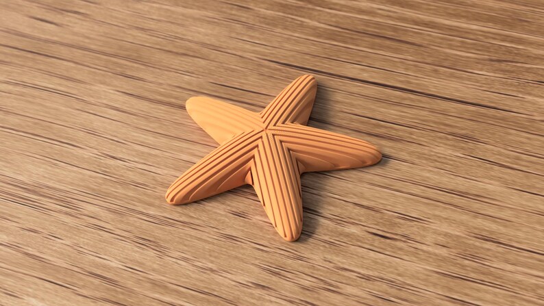 May include: A wooden starfish with a light brown color and a grooved design on each arm. The starfish is lying on a wooden surface with a similar color and wood grain pattern. The starfish is a decorative item.