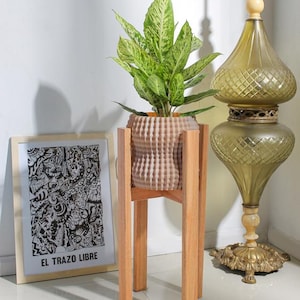May include: A light brown, textured, cylindrical planter sits atop a tall, four-legged wooden stand. Inside the planter is a green and white variegated plant. Next to the stand is a framed black and white abstract print with the text EL TRAZO LIBRE.