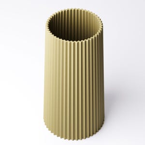 May include: A tall, cylindrical vase in a muted olive green color. The vase features a vertically ribbed design, with a textured surface. The top rim has a decorative, scalloped edge. The vase is set against a plain white background.