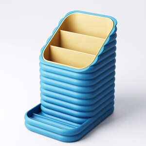 May include: A blue desk organizer with a tiered design. The organizer has three interior compartments in a yellow color and a small tray at the base. The exterior features a ribbed texture.