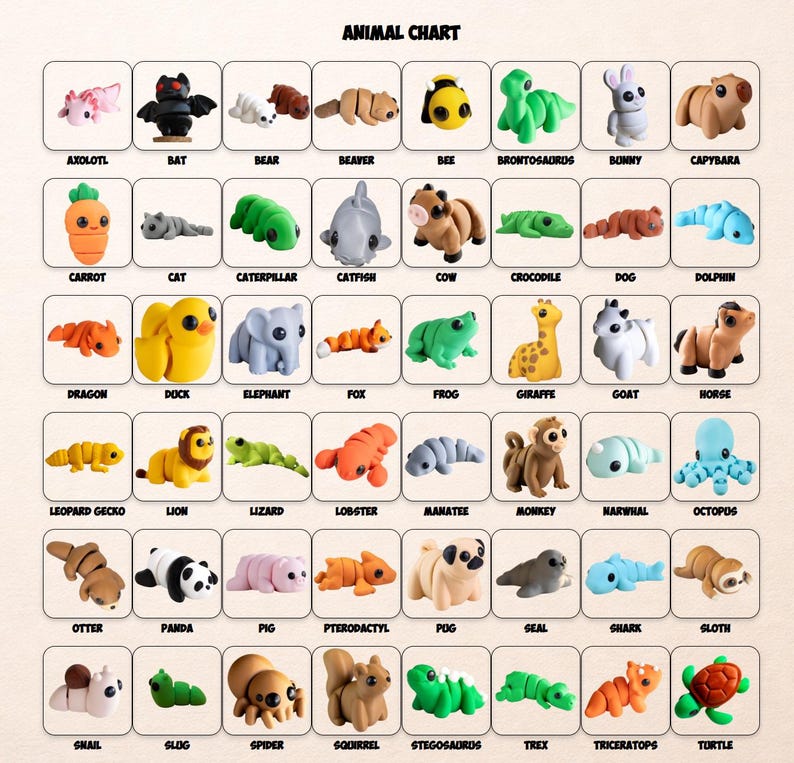 Op de afbeelding: Een "Dierenkaart" met 48 verschillende dierenfiguren, elk in een vierkant kader met de naam van het dier eronder. Dieren zijn onder andere een vleermuis, beer, bij, konijn, wortel, kat, koe, hond, eend, olifant, kikker, giraffe, leeuw, octopus, panda, haai en schildpad.