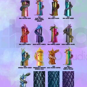 May include: A color chart of 3D-printed dragon figurines. Each dragon is a different color combination, including red/yellow/blue, blue-green/purple/burnt orange, and red/gold/black. The text "FILAMENT COLOR CHART DRAGONS" is at the top.