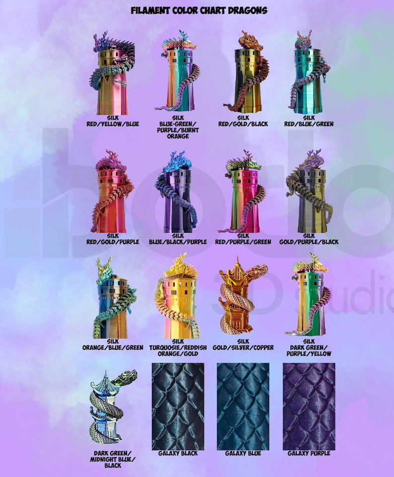 May include: A color chart of 3D-printed dragon figurines. Each dragon is a different color combination, including red/yellow/blue, blue-green/purple/burnt orange, and red/gold/black. The text "FILAMENT COLOR CHART DRAGONS" is at the top.