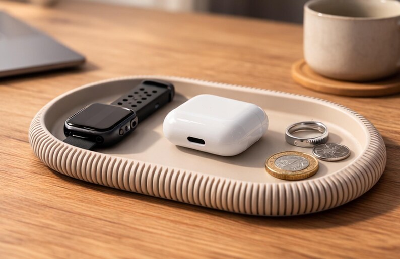 Puede incluir: Una bandeja ovalada beige con borde acanalado contiene un reloj inteligente negro, una funda blanca para auriculares inal&aacute;mbricos, dos anillos y dos monedas. Una taza y un port&aacute;til est&aacute;n en el fondo. La bandeja est&aacute; sobre una superficie de madera.