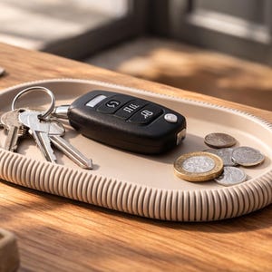 Puede incluir: Una bandeja ovalada beige con borde acanalado contiene un llavero de coche, un juego de llaves y varias monedas. La bandeja est&aacute; sobre una superficie de madera, ideal para guardar objetos cotidianos.