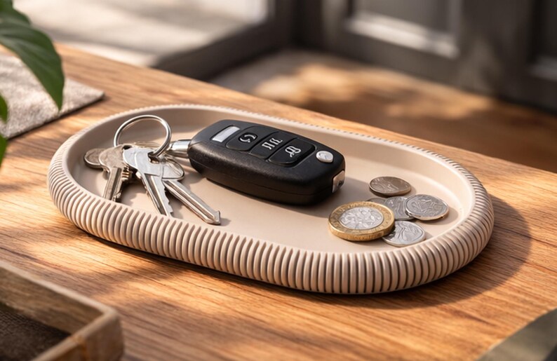 Puede incluir: Una bandeja ovalada beige con borde acanalado contiene un llavero de coche, un juego de llaves y varias monedas. La bandeja est&aacute; sobre una superficie de madera, ideal para guardar objetos cotidianos.