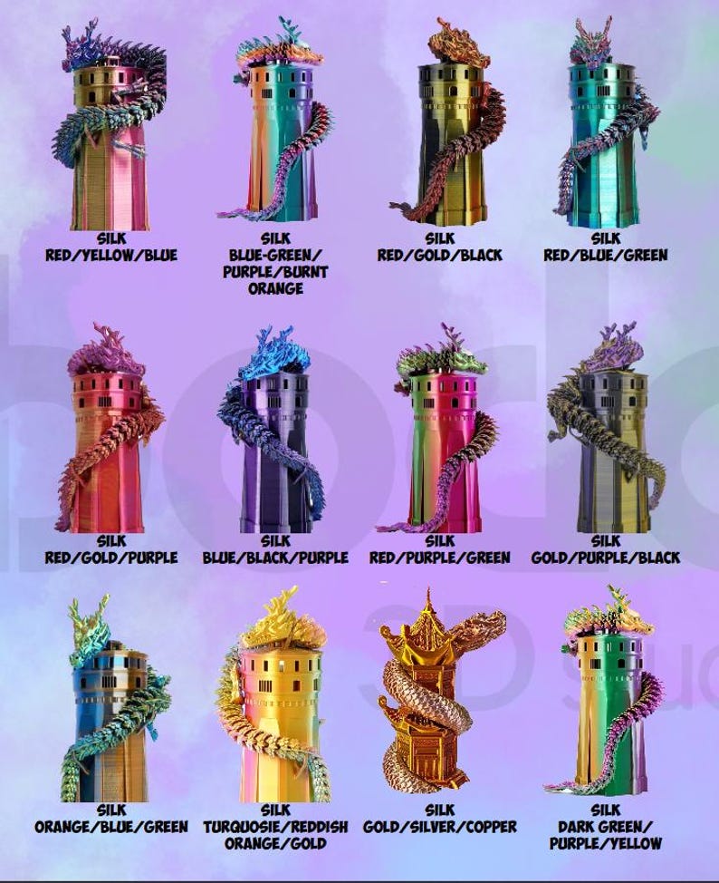 May include: A collection of colorful, decorative tower sculptures with dragon accents. Each tower is a different color combination, such as red/yellow/blue, blue-green/purple/burnt orange, and red/gold/black. The word "SILK" is printed below each tower.