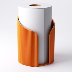 May include: An orange paper towel holder with a vertical ribbed design. The holder has a curved shape that partially wraps around a roll of white paper towels. The design is modern and minimalist, suitable for a kitchen or bathroom.