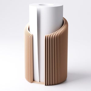 May include: A modern, minimalist toilet paper holder. The design features a cylindrical white paper roll partially encased by a light brown, vertically slatted wooden structure. The holder has a clean, contemporary aesthetic.