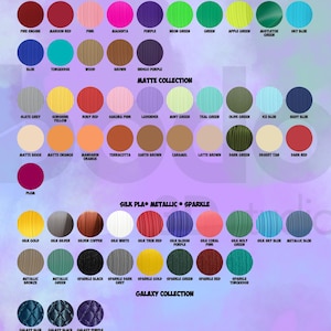 Puede incluir: Una carta de colores que muestra varios tonos de filamento PLA. La tabla est&aacute; dividida en colecciones: Basic, Matte, Silk PLA Metallic Sparkle, Galaxy y Glow. Cada color se muestra en una muestra circular con su nombre debajo.