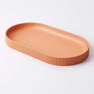May include: A terracotta-colored, oval-shaped tray with a ribbed edge. The tray has a smooth interior and a textured, vertical-lined exterior. The design is minimalist and modern, suitable for serving or display.