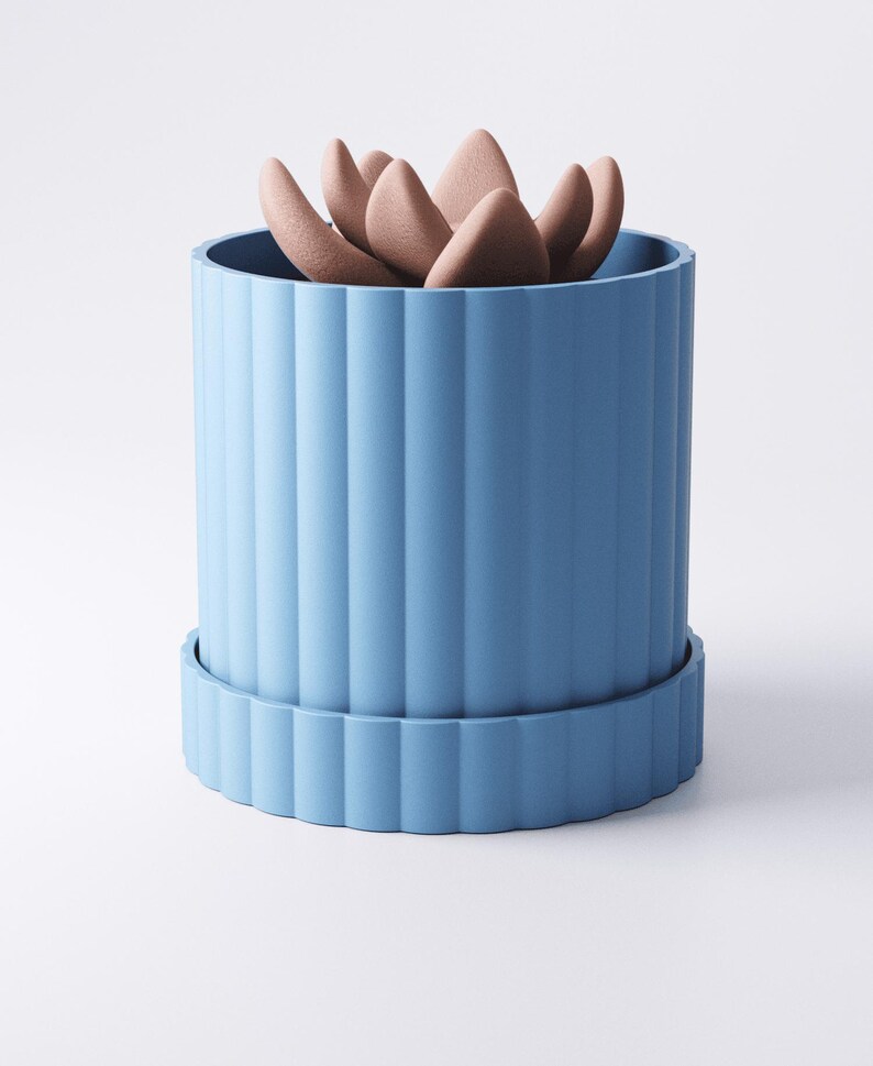 May include: A blue cylindrical planter with vertical ridges, holding a succulent plant. The plant has multiple fleshy, petal-like leaves in a muted pink color. The planter sits on a matching blue saucer.