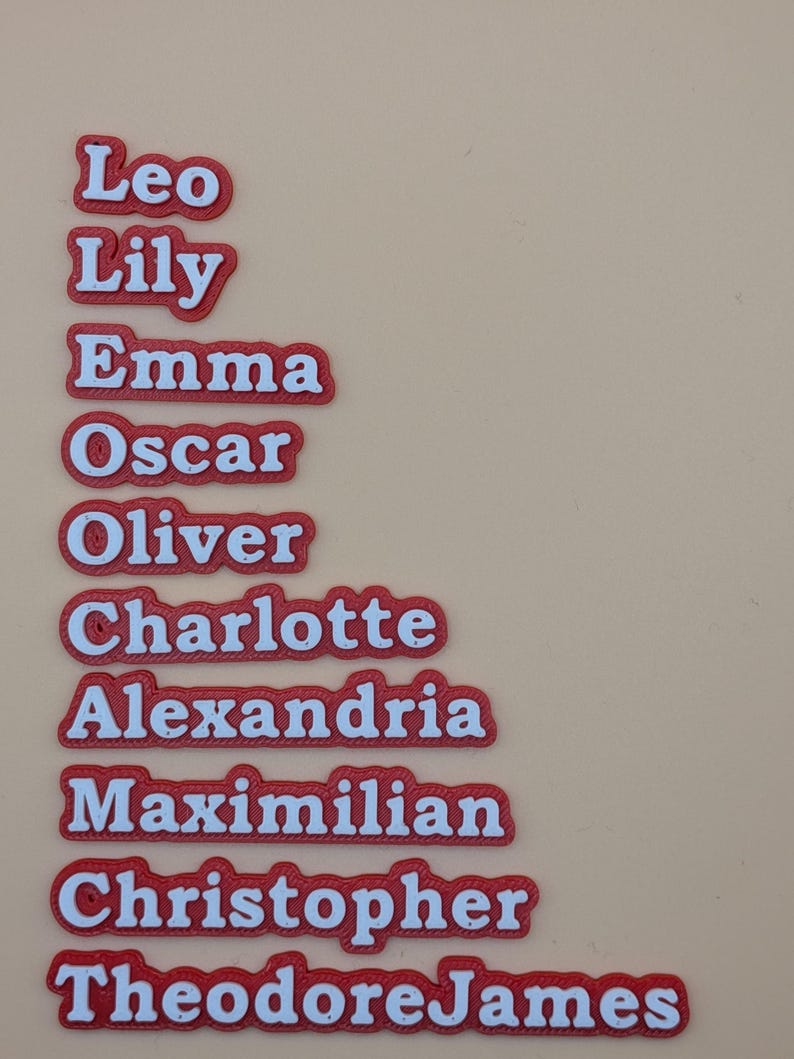 Może przedstawiać: Czerwone i białe wycięcia z imionami Leo, Lily, Emma, Oscar, Oliver, Charlotte, Alexandria, Maximilian, Christopher i TheodoreJames. Imiona są pogrubioną czcionką.