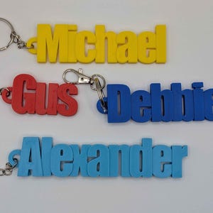 May include: Four colorful name keychains: yellow "Michael", red "Gus", blue "Debbie", and light blue "Alexander". Each keychain features a name in bold, block letters, attached to a metal keyring or clasp.