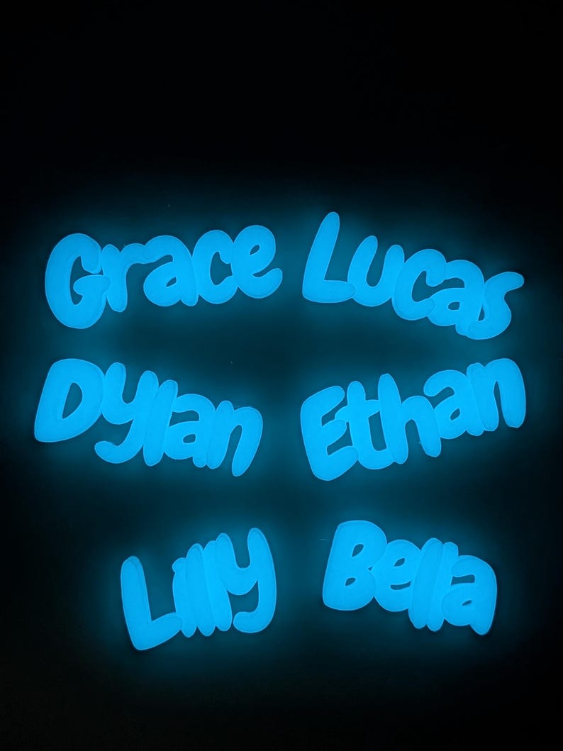 May include: Six names, Grace, Lucas, Dylan, Ethan, Lilly, and Bella, glow with a bright blue light against a dark backdrop. The names are written in a rounded, friendly font, giving a luminous appearance.