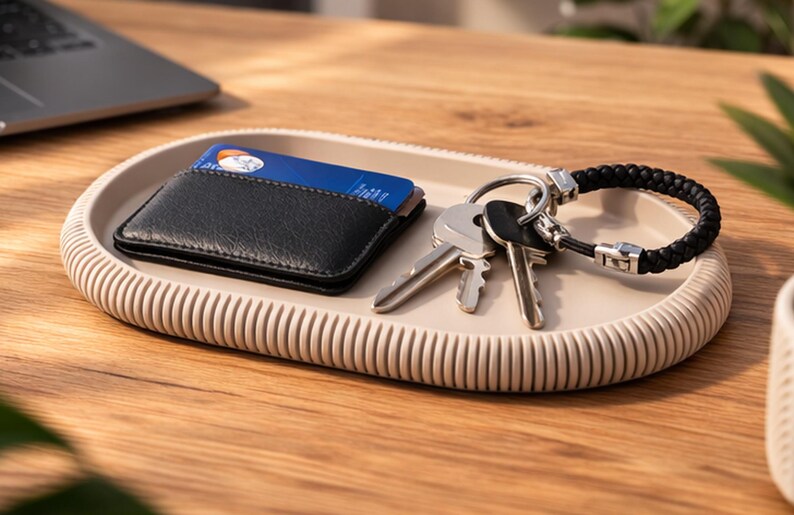 Puede incluir: Una bandeja ovalada beige con borde texturizado contiene una cartera negra con una tarjeta de cr&eacute;dito azul, un juego de llaves y un llavero trenzado negro. La bandeja descansa sobre una superficie de madera. Un ordenador port&aacute;til es visible en el fondo.