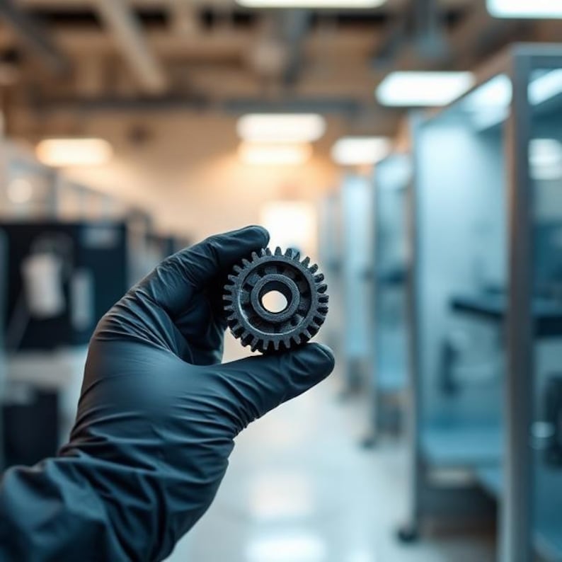 May include: A close-up of a dark gray gear held by a gloved hand. The gear has many teeth around its outer edge and a central hole. The background is a blurred industrial setting with bright lights and machinery.