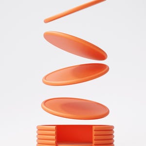 May include: An orange, minimalist design featuring a stack of four round, flat objects above a rectangular base. A thin, orange bar floats above the discs. The objects appear to be levitating against a white background.