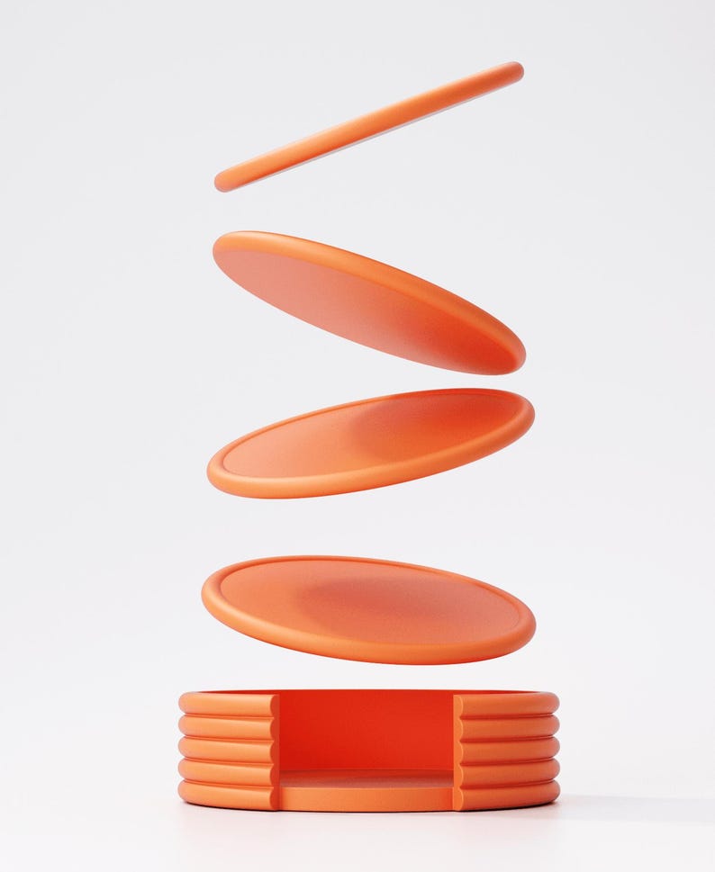 May include: An orange, minimalist design featuring a stack of four round, flat objects above a rectangular base. A thin, orange bar floats above the discs. The objects appear to be levitating against a white background.