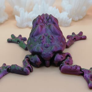 May include: A 3D-printed frog figurine in shades of purple, green, and blue. The frog has a textured body and articulated limbs. The background features white, crystalline formations.