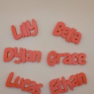 May include: Coral-coloured 3D-printed name cutouts. Names include Lilly, Bella, Dylan, Grace, Lucas, and Ethan. The names are in a rounded, playful font, suitable for personalised gifts or room decor.