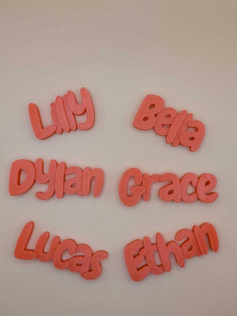 May include: Coral-coloured 3D-printed name cutouts. Names include Lilly, Bella, Dylan, Grace, Lucas, and Ethan. The names are in a rounded, playful font, suitable for personalised gifts or room decor.