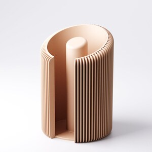May include: A peach-colored, modern paper towel holder. The holder has a cylindrical design with vertical slats and a central, solid post. The top is curved, and the base is a solid, rounded shape. The design is minimalist and contemporary.