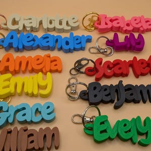 May include: A collection of colorful name keychains in various colors, including pink, blue, green, and brown. Each keychain features a different name in a bold, playful font, attached to a metal keyring.
