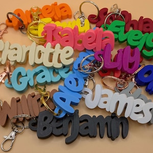May include: A collection of colorful name keychains in various colors, including orange, pink, green, and blue. Each keychain features a different name in a bold, 3D font, attached to a metal keyring.