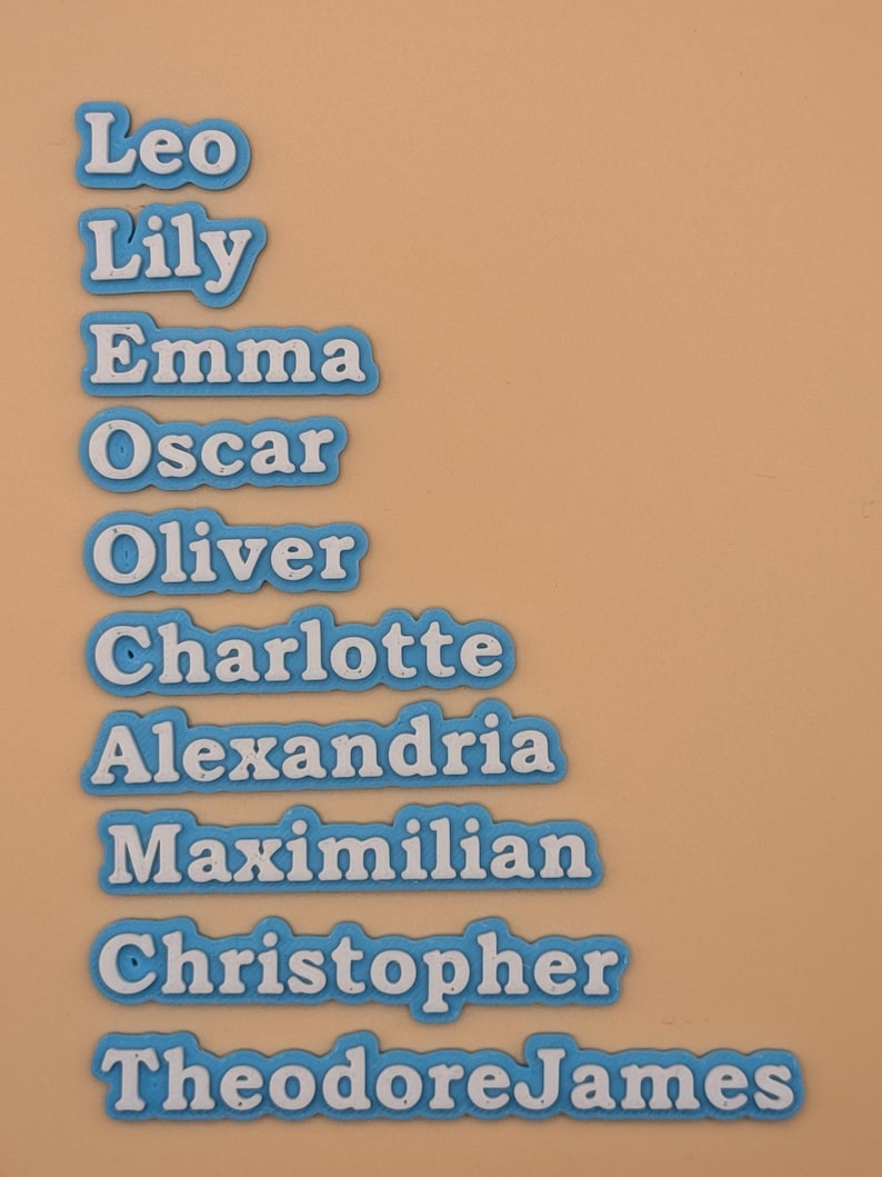 Może przedstawiać: Zbi&oacute;r niebiesko-białych wycięć z imionami, w tym "Leo", "Lily", "Emma", "Oscar", "Oliver", "Charlotte", "Alexandria", "Maximilian", "Christopher" i "TheodoreJames". Nazwy są w kroju bezszeryfowym.