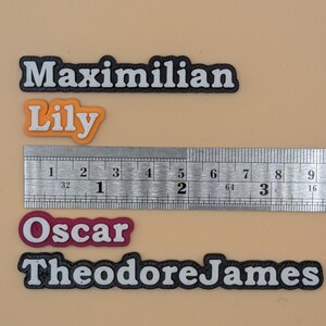 Może przedstawiać: Metalowa linijka z podziałką w centymetrach i kilka etykiet z imionami. Etykiety zawierają imiona "Maximilian", "Lily", "Oscar" i "TheodoreJames". Imiona są w białej czcionce z czarną obw&oacute;dką. "Lily" jest pomarańczowa.