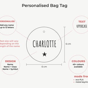 May include: A personalized bag tag with the name "CHARLOTTE" in uppercase letters and a star. The tag is a 6 cm circle, available in 45+ colors, and made from eco PLA with a metal keyring clip. The design options include name, name + class, and name + symbol.