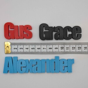 May include: Three 3D-printed names: "Gus" in red, "Grace" in black, and "Alexander" in blue. A ruler is placed next to the names for scale. The names are in a sans-serif font and appear to be made of plastic.