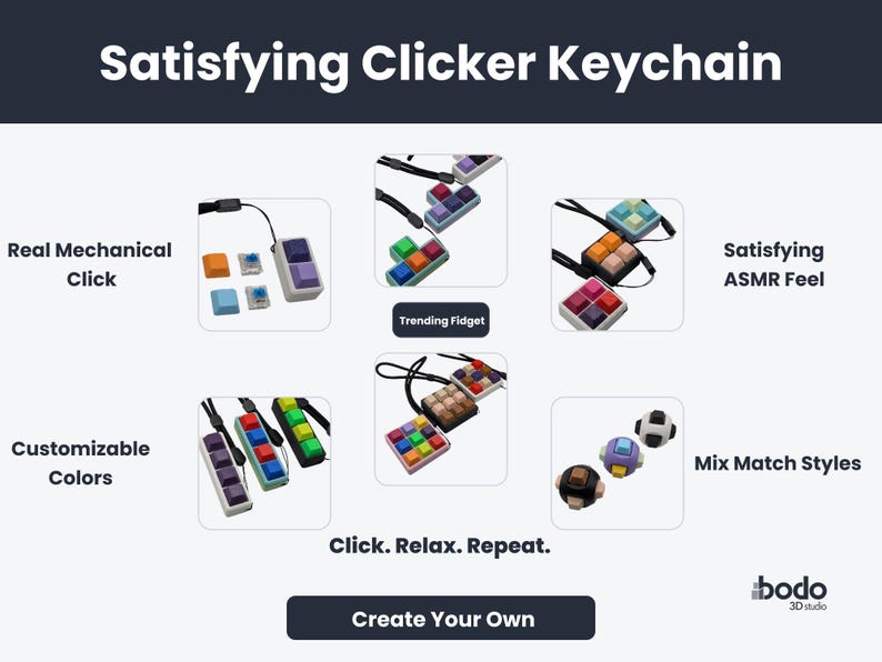 May include: An advertisement for a satisfying clicker keychain. The image features various colorful keychains with the text "Satisfying Clicker Keychain", "Real Mechanical Click", "Customizable Colors", "Trending Fidget", "Satisfying ASMR Feel", and "Mix Match Styles". The text "Click. Relax. Repeat." is also included.