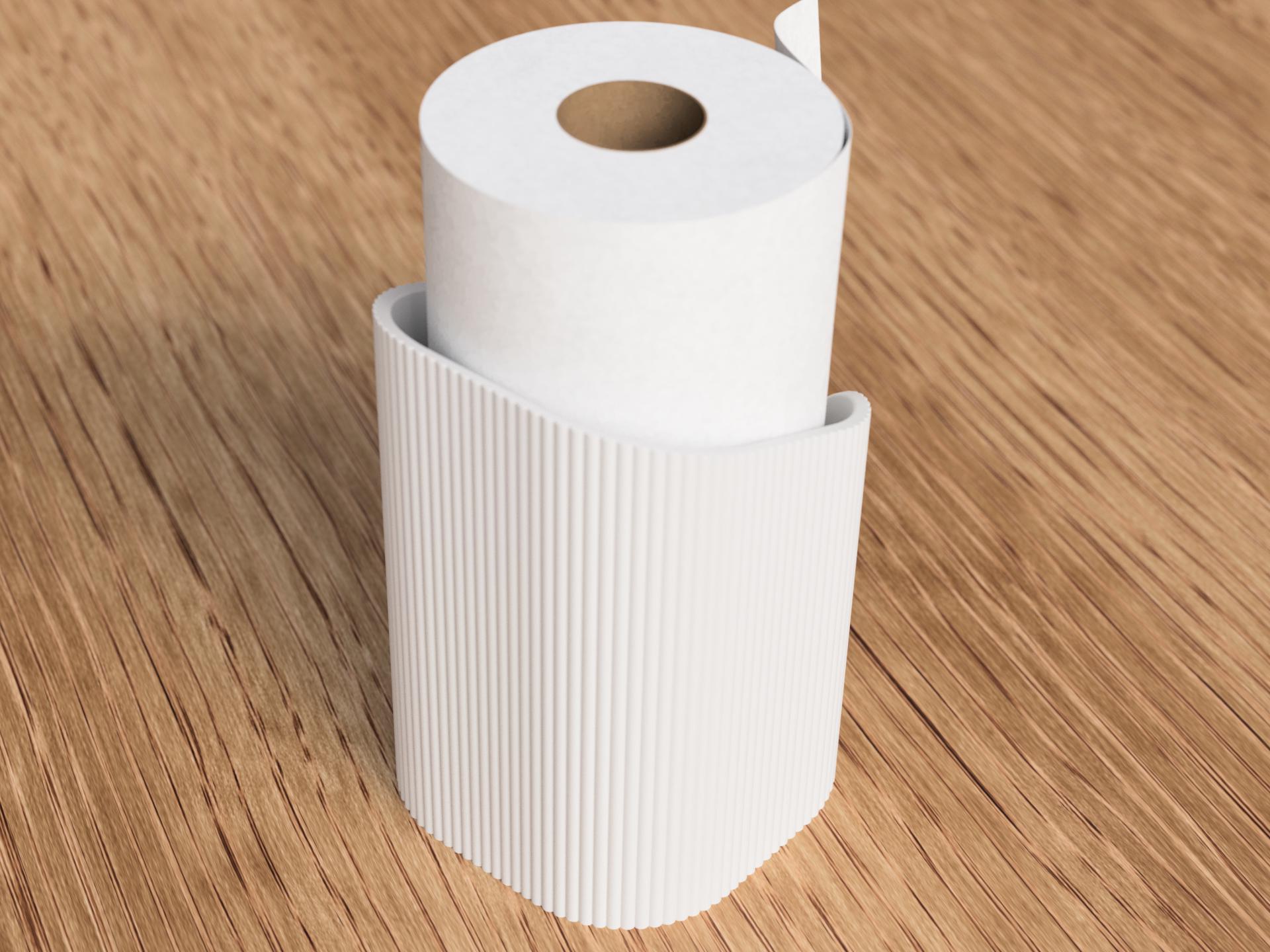 Op de afbeelding: Een witte toiletpapierrol staat in een witte, verticaal geribbelde houder. De houder heeft een gebogen ontwerp en staat op een houten oppervlak. De toiletpapierrol is gedeeltelijk afgerold.