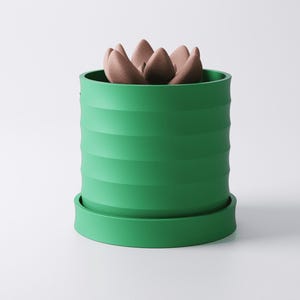 Op de afbeelding: Een groene, cilindrische plantenpot met horizontale ribbels, met een vetplant. De pot heeft een bijpassende schotel. De vetplant heeft meerdere bruine, bloembladachtige bladeren. Het ontwerp is modern en minimalistisch.