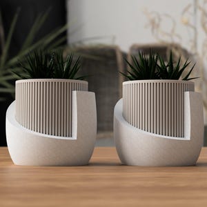 May include: Two matching modern planters with dark green plants. The planters have a cylindrical, vertically-slatted interior and a curved, geometric exterior. The planters are light beige and sit on a wooden surface.