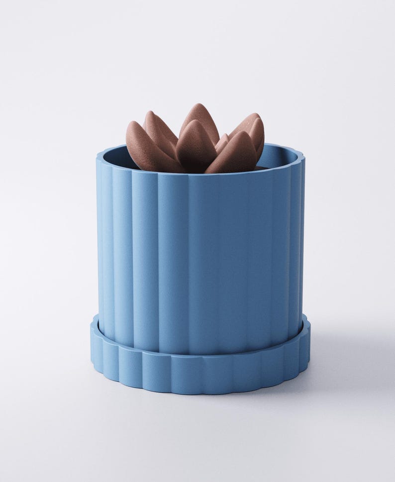 May include: A blue ceramic planter with a ribbed design, holding a brown succulent. The planter includes a matching saucer. The plant pot is a light blue color, and the succulent has a brown, textured appearance.