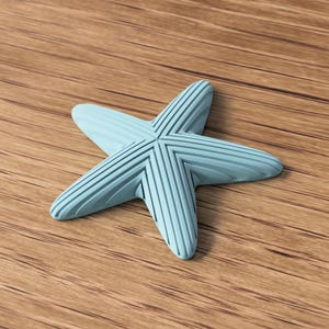 May include: A light blue starfish-shaped decorative object with a textured surface. The five-pointed star is lying on a wooden surface. The starfish has a ribbed design on each point.