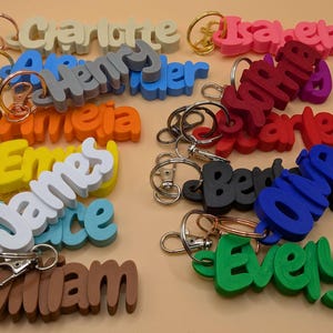 May include: A collection of colorful name keychains in various colors, including pink, blue, and green. Each keychain features a different name in a bold, 3D font, attached to a metal keyring. The names include Charlotte, Henry, and Evelyn.