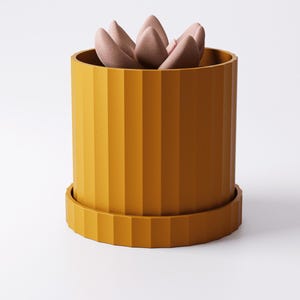 Puede incluir: Una maceta cil&iacute;ndrica de color amarillo mostaza con textura acanalada vertical y una base de plato circular a juego. Dentro de la maceta hay una suculenta de acabado mate suave con p&eacute;talos redondeados de color rosa p&aacute;lido en roseta.