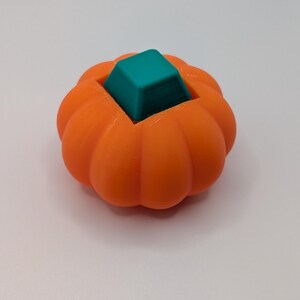 May include: A 3D-printed orange pumpkin with a teal square on top. The pumpkin has a ribbed texture and a hollowed-out center. The teal square is a solid color and sits inside the pumpkin.