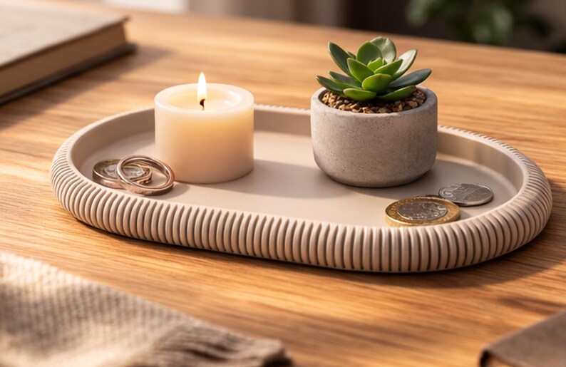 Puede incluir: Una bandeja ovalada beige con borde acanalado contiene una vela encendida, una peque&ntilde;a planta suculenta en maceta, monedas y anillos. La bandeja est&aacute; sobre una superficie de madera, creando una est&eacute;tica minimalista.