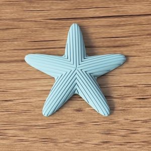 May include: A light blue starfish with textured lines, resting on a wooden surface. The starfish has five points and a detailed pattern. The background is a warm, light brown wood grain.